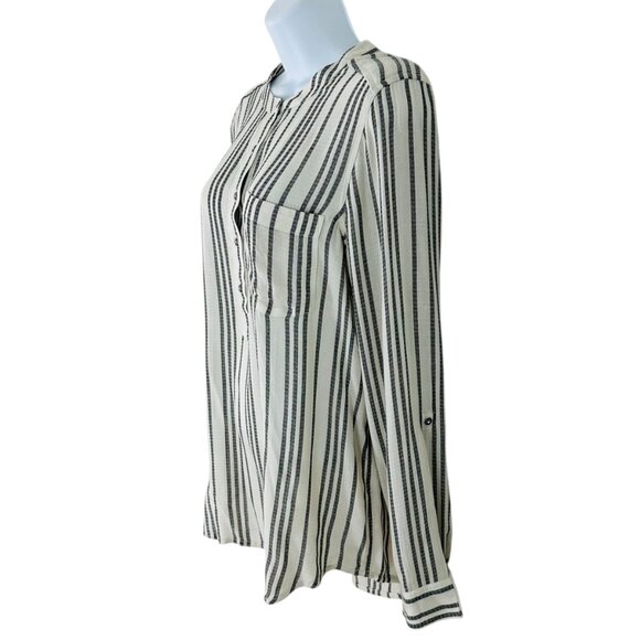 Lucky Brand Women's Size M Striped Roll Tab Sleeves Ivory Black Popover Blouse - Picture 3 of 8
